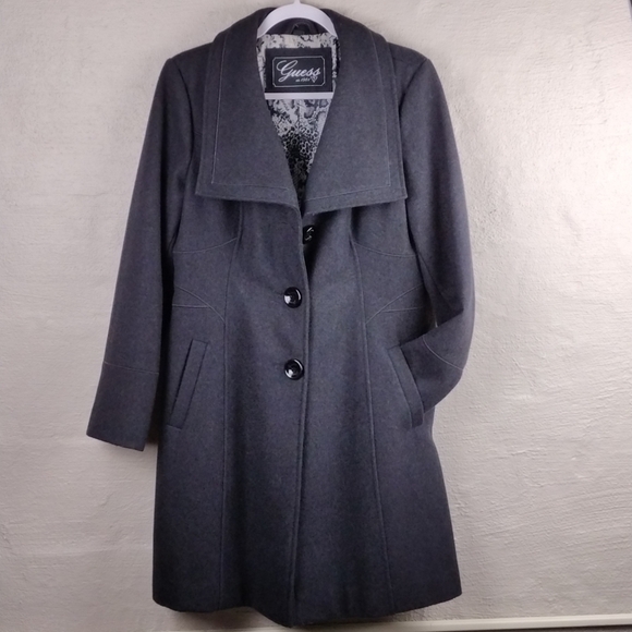 Guess Vintage Gray Wool Blend Shawl Collar Long Sleeve Mid Length Driving Coat - Picture 14 of 14
